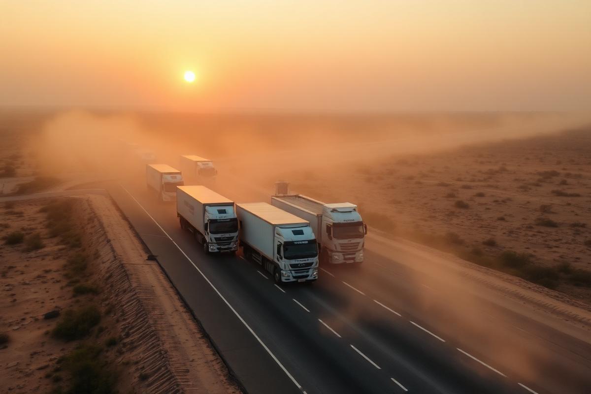 Africlyde truck fleet on a highway at sunrise